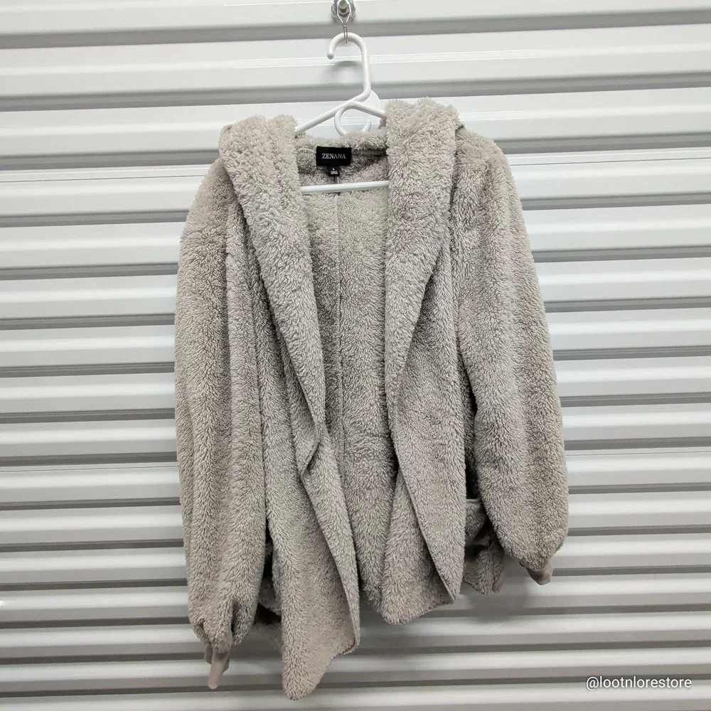 Zenana Women's Large Grey Sherpa Hooded Cardigan Open Front‎ Fleece Jacket